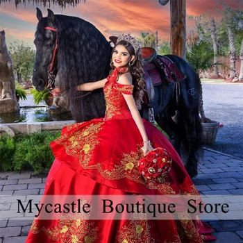 Luxusné Mexi Červený Satén Výšivky Quinceanera Šaty 2023 Appliques Mimo Ramenný Princezná Plesové Šaty, Narodeniny Sweet 16 Šaty